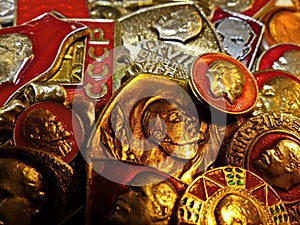 Soviet metal badges with depicting Vladimir Ilyich Lenin Ulyanov, 1870-1924  and the inscription in Russian `Vladimir Lenin`.