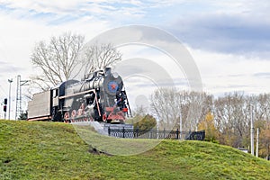 Soviet old, vintage train, steam locomotive with a red star