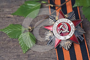 The Soviet order of the Second World war and George ribbon Victory Day 9 May postcard concept