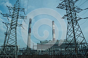 Soviet power plant and electric poles
