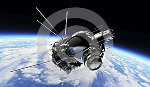 Soviet spacecraft at the Earth orbit. 3D Illustration.