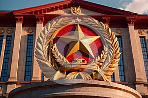 Soviet style authoritarian totalitarian building, with communist symbols