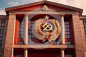 Soviet style authoritarian totalitarian building, with communist symbols