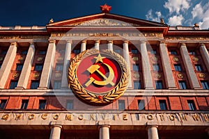 Soviet style authoritarian totalitarian building, with communist symbols