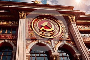 Soviet style authoritarian totalitarian building, with communist symbols