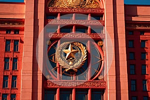 Soviet style authoritarian totalitarian building, with communist symbols