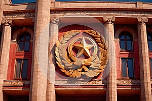 Soviet style authoritarian totalitarian building, with communist symbols