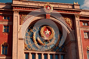 Soviet style authoritarian totalitarian building, with communist symbols