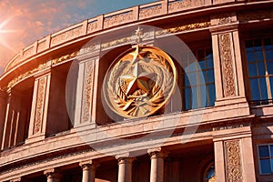 Soviet style authoritarian totalitarian building, with communist symbols