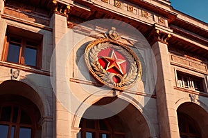 Soviet style authoritarian totalitarian building, with communist symbols