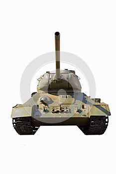 A Soviet T-34 tank stands in bright sun on a clean white background with clipping. Photographed from the front