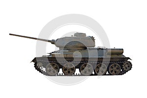 A Soviet T-34 tank stands in bright sun on a clean white background with clipping. Photographed from the side