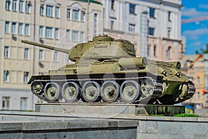 Soviet tank T-34 of the second world war. Tank on a pedestal in Kharkov. On a sunny summer day. The tank was made from
