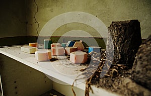 Soviet toys of dusty cubes in Chernobyl nuclear disaster area.