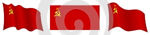 Soviet Union flag, USSR in static position and in motion, developing in wind in exact colors and sizes, on white background