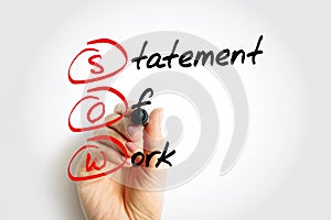 SOW Statement Of Work - document routinely employed in the field of project management, acronym text with marker photo