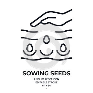 Sowing seeds concept editable stroke outline icon isolated on white background flat vector illustration. Pixel perfect. 64 x 64