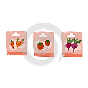 Sowing seeds. Garden package of seeds. Tomato, carrot, beet seeds. Isolated vector illustration on white background.