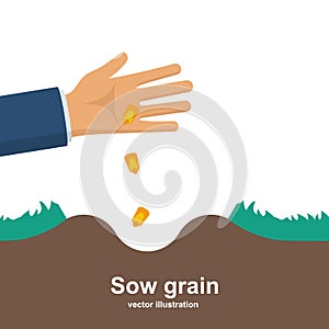 Sows grain. Man holds grain for sowing.