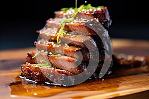 soy-based marinade seeping into stacked pork belly slices