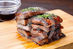 soy-based marinade seeping into stacked pork belly slices