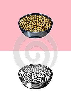 Soy beans in a bowl. Detailed vegetarian food sketch. Hand drawn illustration for menu, label, icon or poster.