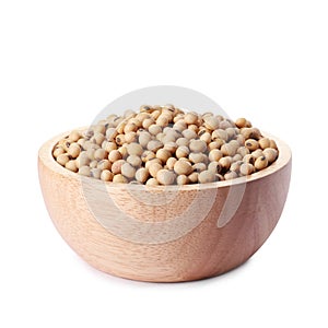 Soy beans in bowl isolated on white