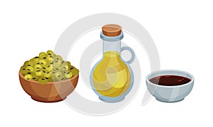 Soy Beans in Bowl with Oil and Sauce Vector Set