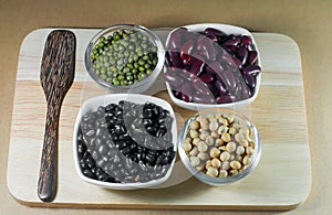 Soy beans, Red beans, black beans and green beans with the health benefits of whole grains.