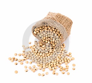 Soy beans in sack on white background.