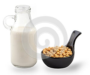 Soy beans , soy milk in glass  and wooden spoon blue floor