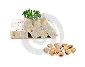 soy beans and tofu cheese on white background