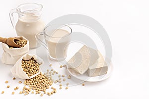 Soy and derivatives. Soy milk, white blocks cheese photo