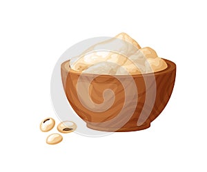 Soy flour in wooden bowl with seeds. Healthy gluten free food. Powde in organic product. Vector illustration isolated on