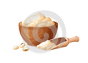 Soy flour in wooden bowl with seeds. Healthy gluten free food. Powde in organic product. Vector illustration isolated on