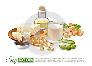 Soy food products poster with bean pods milk and meat tofu plant oil vector illustration