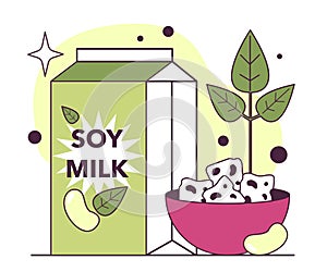 Soy food products. Soybeans milk and tofu. Vegetarian meal,