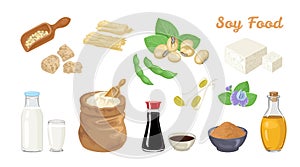 Soy food set. Vector illustration of different soybeans products in cartoon simple flat style.