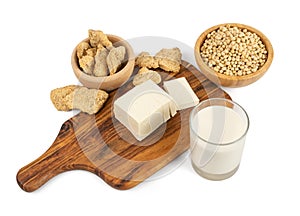 Soy Foods Collection with Soy Meat, Soybeans, Soy Milk and Tofu photo