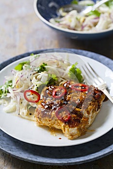 Soy and ginger glazed cod with fennel and onion salad