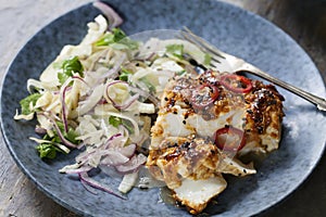 Soy and ginger glazed cod with fennel and onion salad