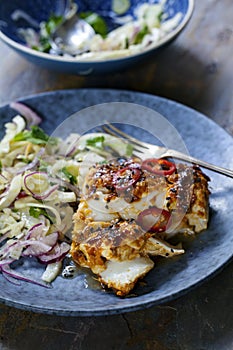 Soy and ginger glazed cod with fennel and onion salad