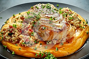 Soy-glazed cod loin fillet with cous-cous salad on butternut squash puree