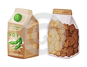 Soy Meat and Milk in Carton as Natural and Organic Product from Soybean Plant Vector Set