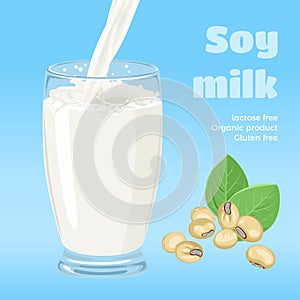 Soy milk in glass isolated on blue background. Pouring vegan milk and splash. Plant-based drink