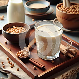 Soy milk in a glass on a served table, next to soybeans in a spoon and bowl, healthy food for vegetarians photo