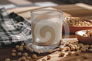 Soy milk and soy beans on a wooden table