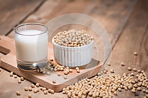 Soy milk or soya milk and soy beans in spoon on wooden table.