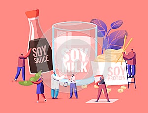 Soy Products Concept, Organic Natural Food of Soya Beans. Sauce, Meat and Milk from Legume Pods