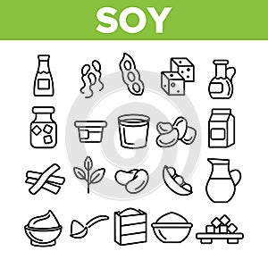 Soy Products, Food Linear Vector Icons Set